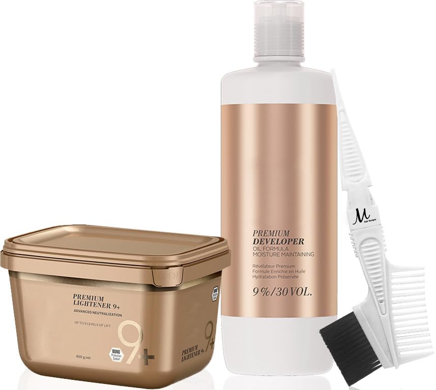 BlondeMe Lightener 9+ Premium Bleach 450 grams, Blonde Me Developer 9% / 30 Vol 1 Liter and M Hair Designs Tint Brush Comb (Bundle)