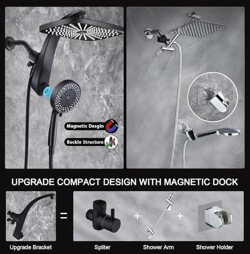 High Pressure Rain Shower Head: Upgrade Shower Heads with Handheld Spray Combo with Fixed Showerhead and 10 Sprays Handheld Shower Head, Detachable Showerheads Built-in Magnetic Docking and Power Jets