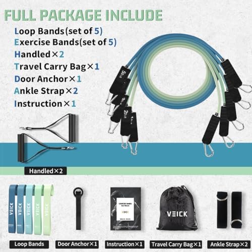 VEICK Resistance Bands, Exercise Bands, Workout Bands Set for Working Out with Handles for Men Women, Elastic Exercising Bands for Fitness Weights Work Out at Home Gym