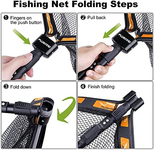 PLUSINNO Floating Fishing Net for Steelhead, Salmon, Fly, Kayak, Catfish, Bass, Trout Fishing, Rubber Coated Landing Net for Easy Catch & Release, Compact & Foldable for Easy Transportation & Storage