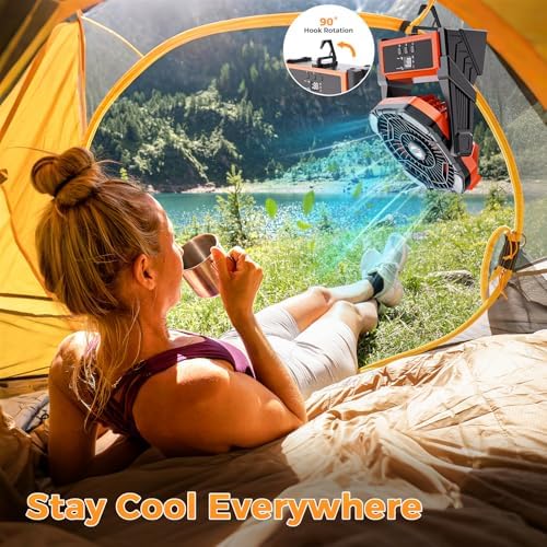 Portable Camping Fan, 20000mAh Rechargeable Battery Operated Fans with Lights, Outdoor Beach Tent Fan, 4 Speed, Adjustable Brightness for Picnic, Barbecue, Fishing, Office, Home