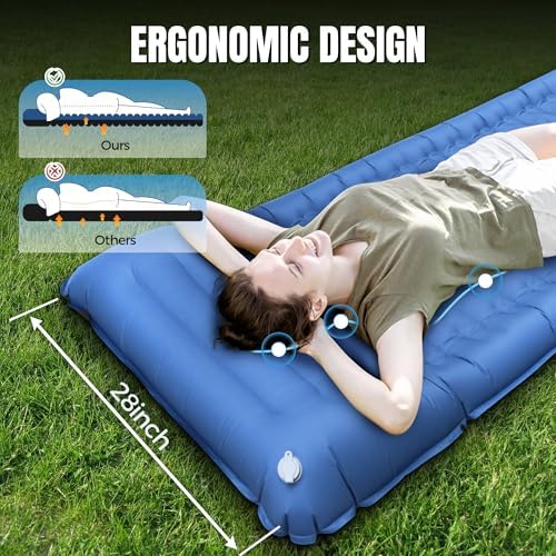 Camping Sleeping Pad, 6.8'' Extra Thickness Reinforced Sleeping Pad for Camping with Pillow Built-in Foot Pump, 79 * 28IN Ultralight Self Inflating Air Mattress Mat for Backpacking Hiking Tent