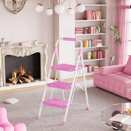 KINGRACK 3 Step Ladder, Sturdy Step Stool with Handrail, Anti-Slip Wide Pedals, 900lbs Foldable Step Stool for Home, Garage, Garden, Household, Large Loading Capacity, Pink