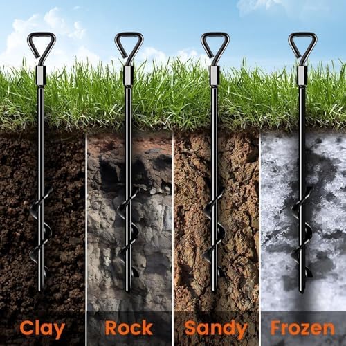 Ground Anchors Screw in Tent Stakes Heavy Duty Trampoline Stakes High Winds, Ground Anchors for Camping Tent, Canopies, Carports, Sheds, Swing Sets, Canopy Stakes Kit, Mobile Home Anchors 4 Pack