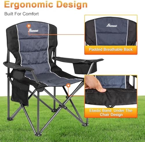 Romswi Oversized Camping Chairs,Heavy Duty Support 500 LBS,Padded Back & Arm Sport Chairs, Cup Holder Cooler Bag, Collapsible Folding Chairs for Outdoor, Fishing & Garden