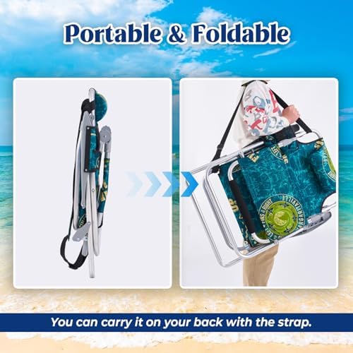 Portable Camping Beach Chair for Adults, Outdoor Lay Flat Beach Lounge Chair Folding Chairs with Footrest, Backpack Chair with Towel Bar, Cooler Pouch, Cup Holder, Geometric Green