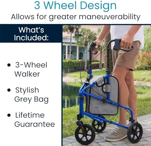Vive Mobility 3 Wheel Walker - Three Wheeled Rollator for Seniors - Lightweight, Foldable, Narrow, Heavy Duty - for Elderly Men Women - Folding 3-Wheel Tri Scooter with Basket Bag (FSA HSA Approved)