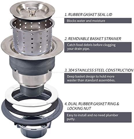 3-1/2 Inch Sink Drain Assembly Kit, Removable Deep Sink Strainer Basket with Sink Stopper/Sealing Lid for Home, Kitchen, Stainless Steel
