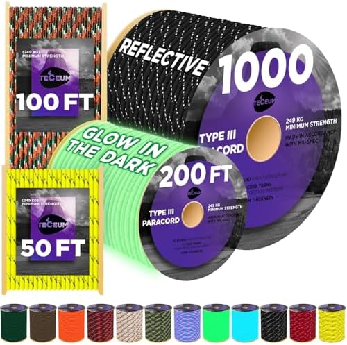 TECEUM 5/32" Paracord Rope 1000 – 1000ft / 200ft / 100ft / 50ft – Tactical Parachute Cord 4mm – 45+ Colors – Nylon String for Survival & Camping Gear – Stripe Cord for Survival – Utility Rope