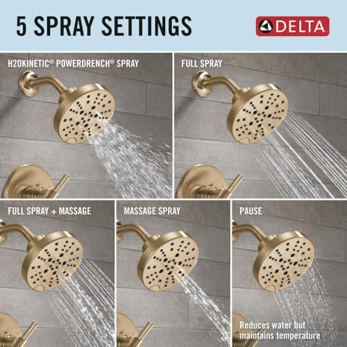Delta Faucet Nicoli 14 Series Single-Handle Tub and Shower Trim Kit, Shower Faucet with 5-Spray H2Okinetic Shower Head, Champagne Bronze 144749-CZ (Shower Valve Included)