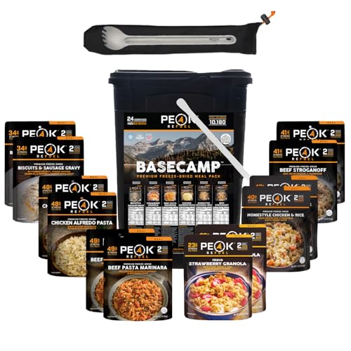 Peak Refuel Bucket + Spork | 100% Real Meat | Premium Freeze-Dried Meals for Backpacking, Camping & Survival | 24 Servings | MRE Emergency Food