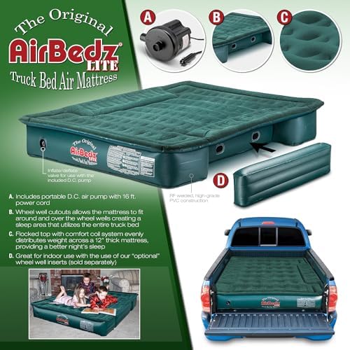 AirBedz by Pittman Outdoors - Lite Full Size Short Truck Bed Air Mattress, Green - 6-6.5' Long, with Portable DC Air Pump