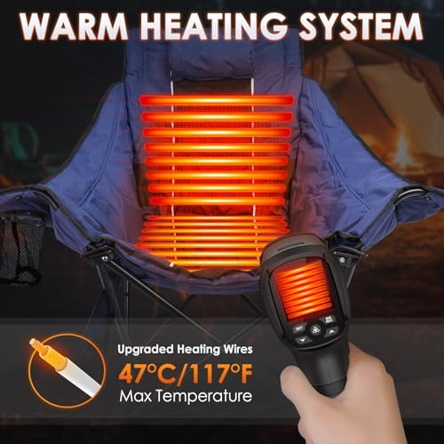 Suteck Heated Rocking Camping Chair, XL Oversized Rocking Chair Outdoor with 3 Heat Levels for Back and Seat, Heated Chairs Outdoor Sports for Patio Lawn Picnic Travel, Power Bank(Not Included)