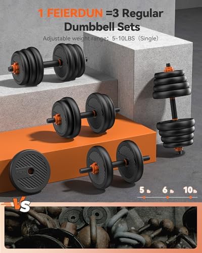 FEIERDUN Adjustable Dumbbells, 20/30/40/45/70/90lbs Free Weight Set with Connector, 5 in1 Dumbbells Set Used as Barbell, Kettlebells, Push up Stand, Weight Plate, Fitness Exercises for Home Gym Suitable Men/Women