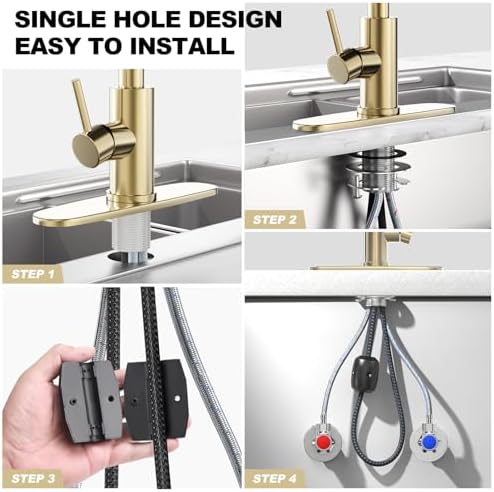 Brushed Gold Single Hole Kitchen Faucets with Pull Down Sprayer, Single Handle, High Flow Water, Pull Out Tap, Stainless Steel Sink Faucet, Suitable for Farmhouse Camper Laundry Rv Bar