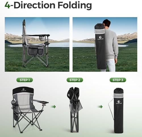 ALPHA CAMP Oversized Mesh Back Camping Folding Chair Heavy Duty Support 350 LBS Collapsible Steel Frame Quad Chair Padded Arm Chair with Cup Holder Portable for Outdoor (Black/Grey)