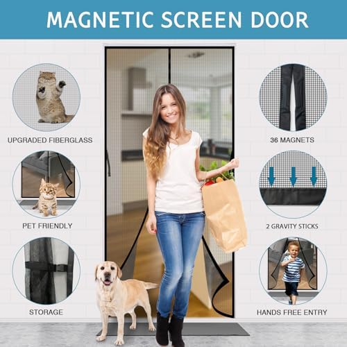 Magnetic Fly Screen Door,Fiberglass Enhanced Screen Mesh,with Stay Open Buckles,Heavy Duty Self-Sealing Mesh,(Fit for Door Size:36x82 Inch,Screen Itself Size:38x83 Inch,Black)