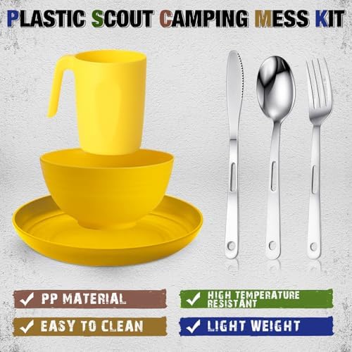 Scout Camping Mess Kit for 1 Person Boy Scout Dishes Set Girl Scout Mess Kit with Mesh Bag Reusable Light Weight Eating Utensils Plastic Camping Cutlery Set for Travel Camp
