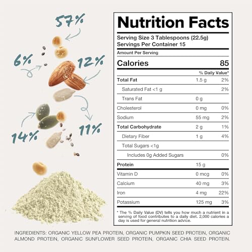 Complement Organic Unflavored Vegan Protein Powder (15 Servings) Low Carb, Low Calorie, Sugar Free, Soy Free, Non-GMO, Gluten Free, Non Dairy- Yellow Pea, Pumpkin Seed- 15g Plant Based Protein Powder