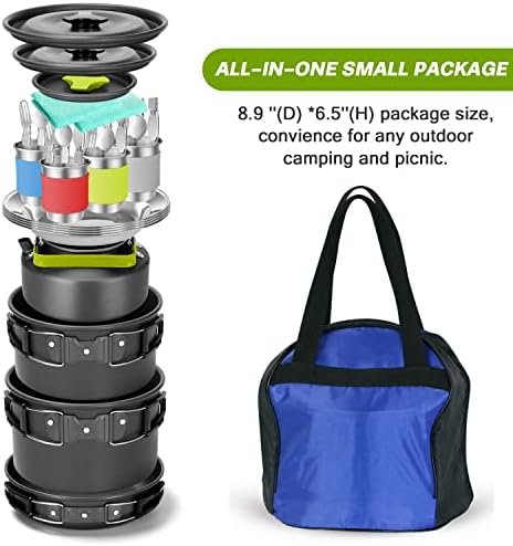 Odoland 29pcs Camping Cookware Mess Kit, Non-Stick Lightweight Pots Pan Kettle, Collapsible Water Container and Bucket, Stainless Steel Cups Plates Forks Knives Spoons for Outdoor Backpacking Picnic