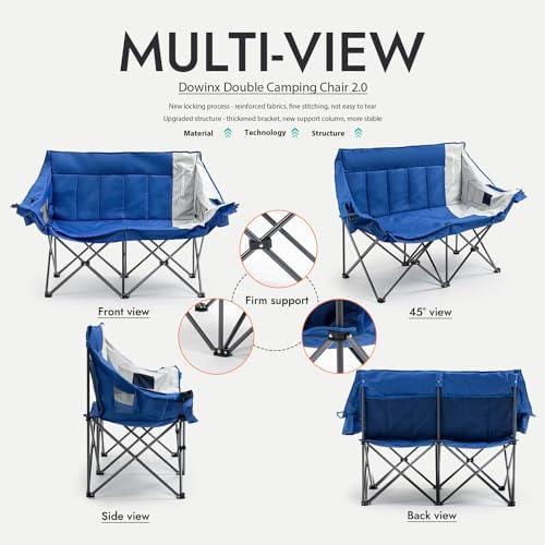 Dowinx Double Camping Chair Loveseat, Portable Folding Outdoor Lawn Chair with Padded Seats, Armrests, Side Pockets, 440lbs Capacity for Beach, Patio, Picnic - Blue PRO