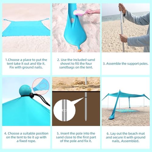 Beach Tent Sun Shelter UPF50+, 10x10 FT Family Beach Shade Canopy with 4 Aluminum Poles, Beach Blanket, Carrying Bag and Sand Shovel, Outdoor Pop Up Tent for Beach Camping Trips