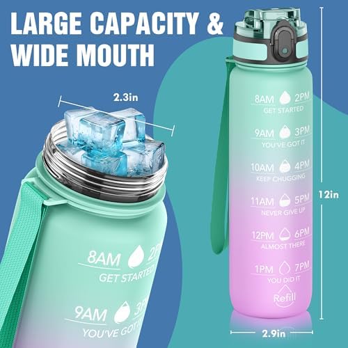 OLDLEY Water Bottle, 32oz Motivational Sports Water Bottle with Time Marker - Times to Drink - Tritan, BPA Free, Wide Mouth Leakproof, Moon Light (1 Bottle)