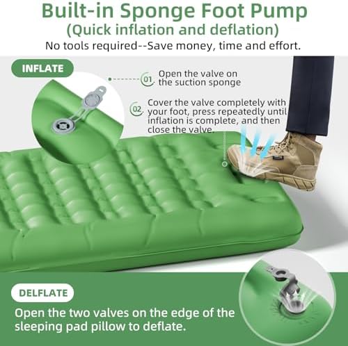 INVOKER 5.12" Camping Sleeping Pad with Built-in Foot Pump, Ultralight Inflatable Camping mat, for Camping, Backpacking, Hiking, Car Travel, Tent, Picnic, Beach, Green