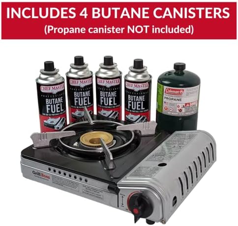Dual Fuel Portable Stove COMBO, 12K BTU Portable Camping Stoves, w/ 4 x 8 oz. Butane Canister Tin Fuels, Dual Fuel Butane & Propane Stove for Camping, Emergencies & Outdoor Cooking by Grill Boss 90057