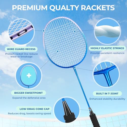 HIRALIY Badminton Rackets Set for Backyards, Lightweight Badminton Set of 2/4, Includ Rackets, Birdies, 1 Carrying Bag, Outdoor Games for Adults Family Kids Beginners