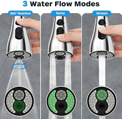 Kitchen Faucet Head Replacement 3 Modes with 12 Adapters, Pull Down Spray Head for Kitchen Faucet, Kitchen Sink Faucet Head G 1/2, Sprayer Head Replacement, Chrome