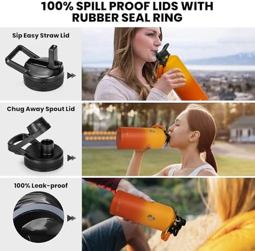 Insulated Water Bottle 87 oz, Triple Wall Vacuum Stainless Steel (Cold for 48 Hrs), Leak Proof & Non-BPA, Modern Water Flask Jug with Paracord Handle & Straw Spout Lids, Ombre Orange