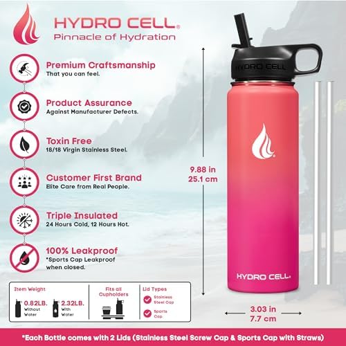 HYDRO CELL Stainless Steel Insulated Water Bottle with Straw - For Cold & Hot Drinks - Metal Vacuum Flask with Screw Cap and Modern Leakproof Sport Thermos for Adults (Coral/Punch 24oz)