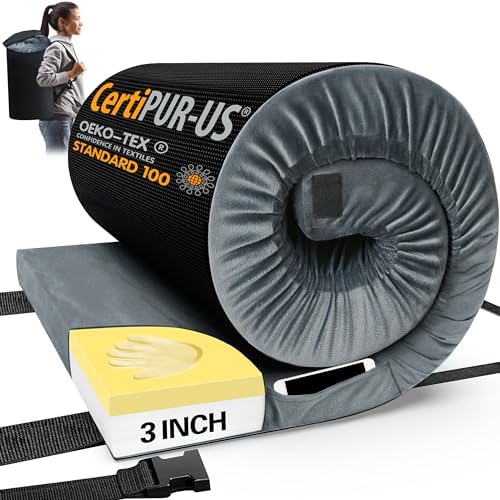 CYMULA Memory Foam Camping Mattress Pad, CertiPUR-US Sleeping Mat, Portable Roll Up Mattress for Adults, Camping Bed Pads for Sleepover, Car Bed with Travel Bag