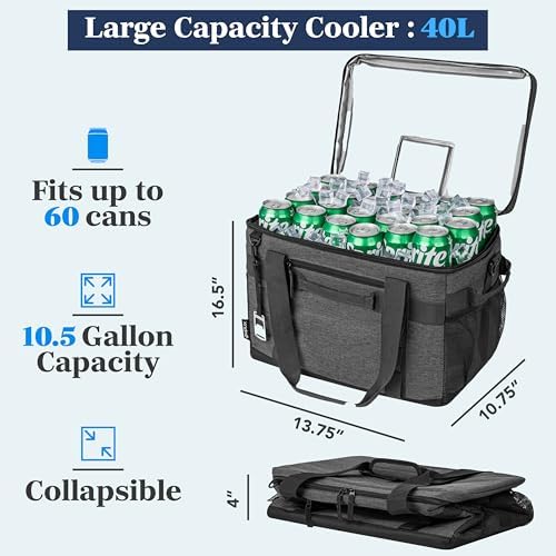 OPUX Cooler Bag, 60 Cans Insulated Soft Collapsible Portable Cooler, Soft Sided Leakproof Cooler for Beach Camping with Shoulder Strap, Ice Chest for Travel Road Trip Picnic, Charcoal Gray