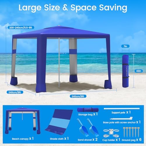 MoKo Beach Cabana, 8'×8' Large Beach Canopy with Side Wall, UPF 50+ Protection Easy Setup Beach Tent Sun Shelter, Adjustable Height Wind Resistant Cabana Beach Tent for Whole Family, Navy Blue