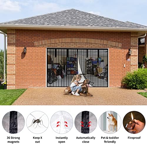Magnetic Garage Screen Door for 1 Car Garage Doors 9x7FT- Reinforced Self Sealing Fiberglass Mesh Door with 4 Strapping Tapes, High Energy Magnets,Hands Free Door Screen with Closure Weighted Bottom