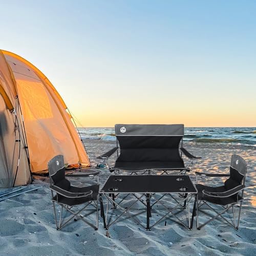 Folding Camping Chair Set of 4, Portable Collapsible Conversation Set w/1 Sofa, 2 Single Chairs, 1 Table for Family Patio, Outdoor Travel,Beach(Black)