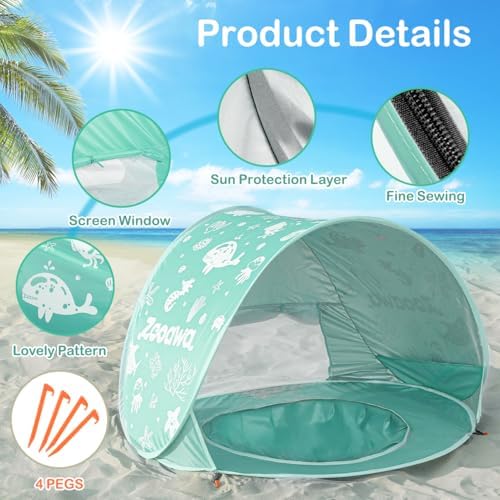 Zooawa Baby Beach Tent, Pop Up Beach Tent Sun Shade for Beach, Portable Shade Pool UV Protection Sun Shelter for Infant with Beach Sand Toys Set