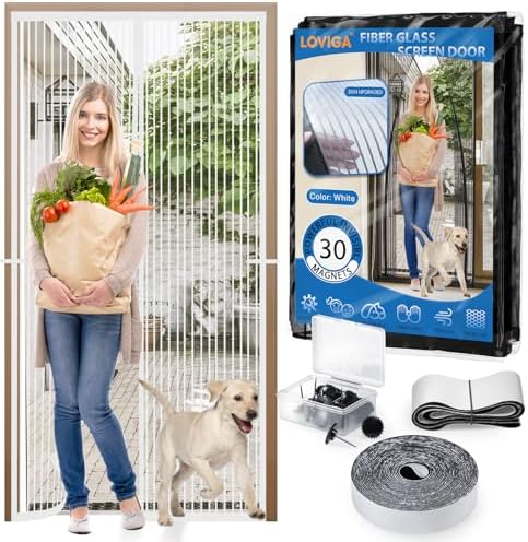 Heavy Duty Door Screen Magnetic Closure, LOVIGA Thickened Fiberglass Screen Door Mesh, Self Sealing, Tear Resistant, Easy Assemble, Fine Mesh Keep Bugs Out Fit Door Size 36 Inch X 82 Inch White