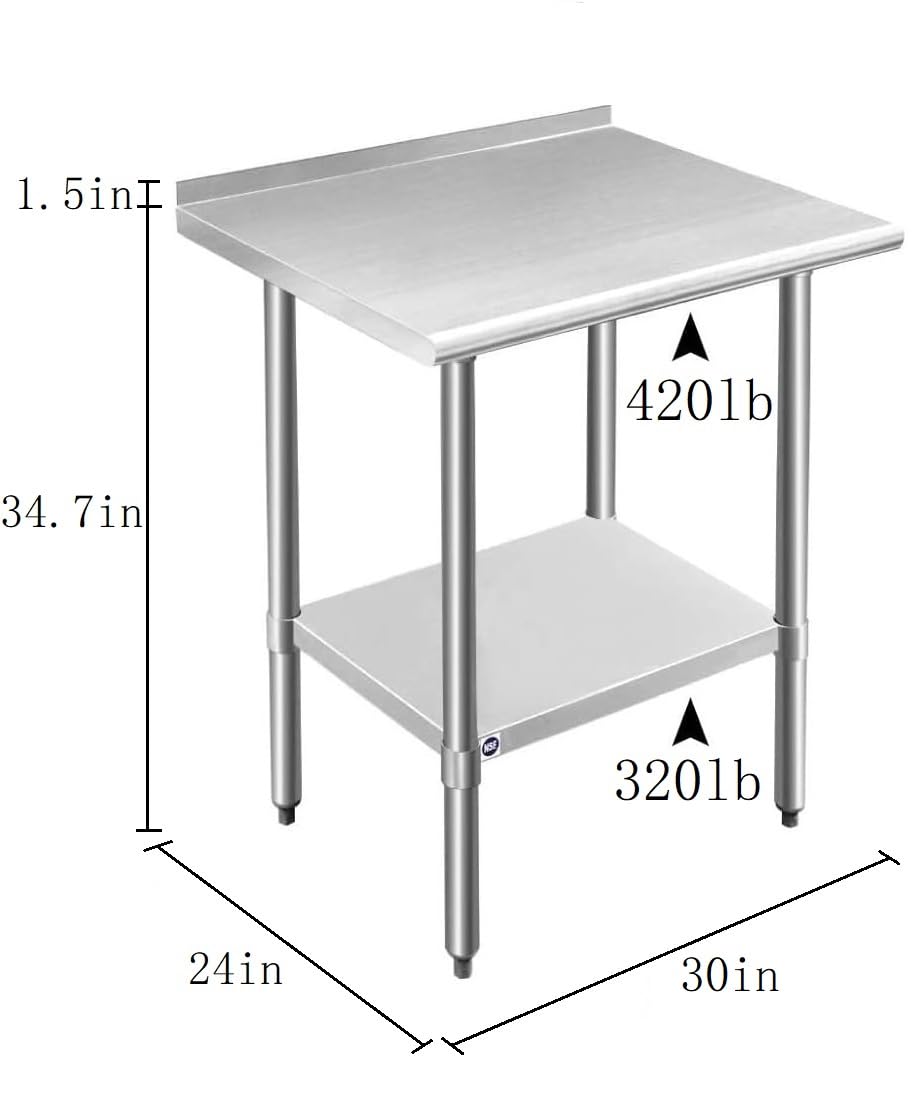 ROCKPOINT Stainless Steel Table for Prep & Work with Backsplash 24x30 Inches, NSF Metal Commercial Kitchen Heavy Duty Table with Adjustable Under Shelf and Table Foot for Restaurant, Home and Hotel