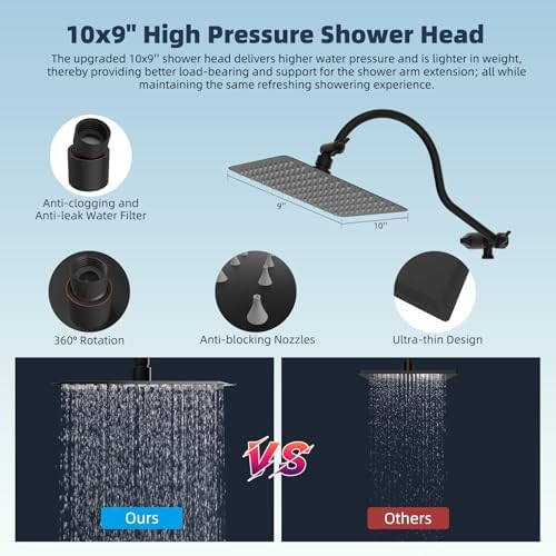 Hibbent All Metal Shower Head, 10'' High Pressure Rainfall Shower Head/Handheld Showerhead Combo with 12'' Adjustable Curved Shower Extension Arm, 7-Spray, 71'' Hose, Shower Holder, Oil Rubbed Bronze