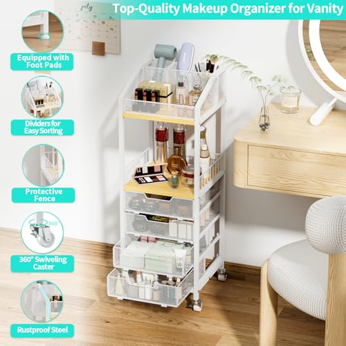 HapiRm Makeup Organizer Storage Cart - Floor Skincare Make Up Storage with 4 Drawers, Rolling Makeup Cart Vanity Organizer Cosmetics Display Cases Holder for Skin Care Perfume Nail Polish