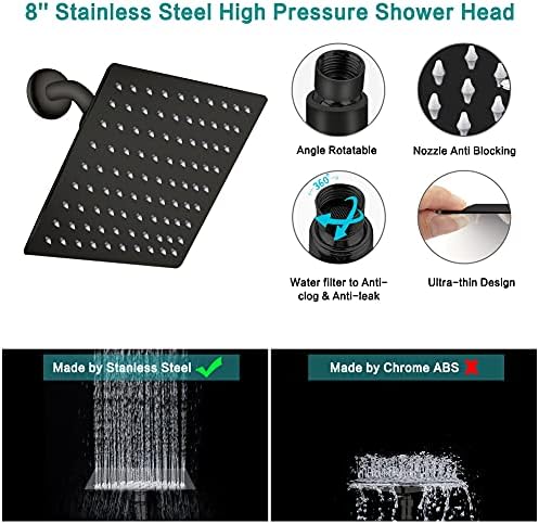 Shower Head 10ββ High Pressure Rainfall Shower Head/Handheld Shower Combo with 11'' Extension Arm, 9 Settings Anti-leak Head with Holder, Height/Angle Adjustable, Chrome, Matte Black