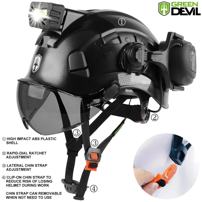 GREEN DEVIL Hard Hat Safety Helmet with Visor Bluetooth Ear Muffs and Headlamp 5 in 1 Full Protection Vented Work Hardhat ANSI Z89.1 Cascos De Construccion for Industrial Construction Forestry