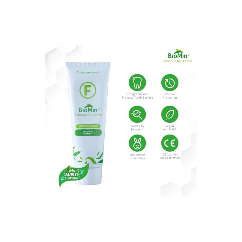 BioMin F Toothpaste - Helps Strengthen & Protect Enamel, Provide Relief to Sensitive Teeth - 75ml Mild Minty Flavour Fluoride Toothpaste for Adults & Kids - Suitable for Vegans, Not Tested on Animals