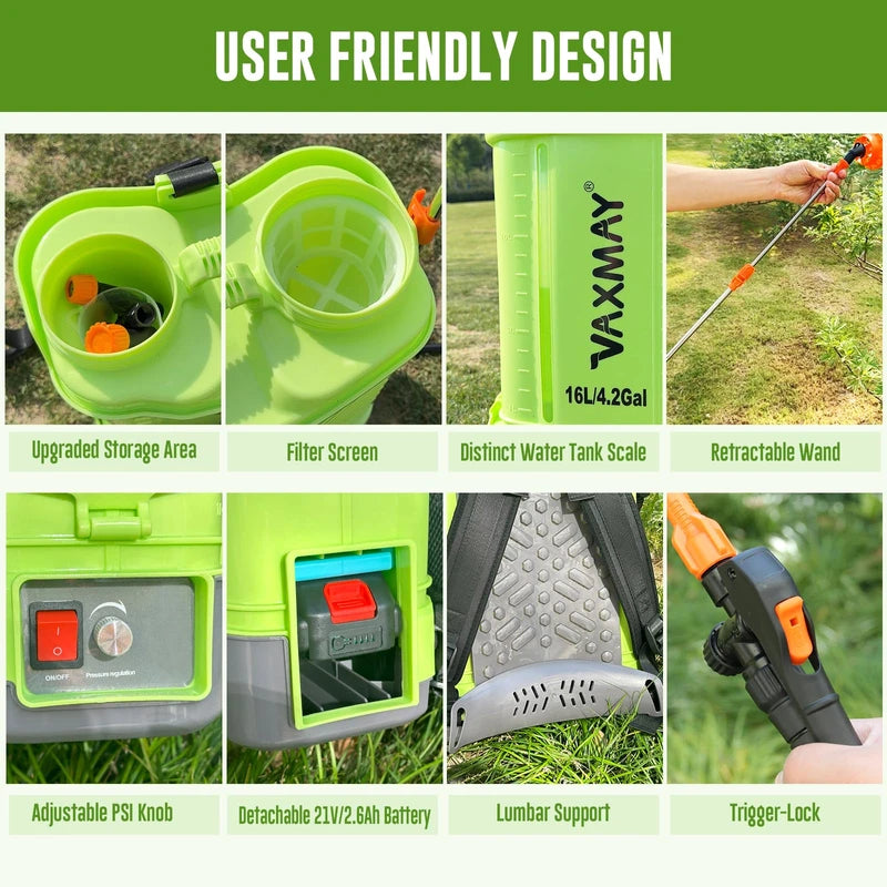 VAXMAY Battery Powered Backpack Sprayer 4 Gallon, VAXMAY 100 PSI Electric Graden Sprayer Works with Makita 18V Battery, Weed Yard Sprayer with Telescopic Wand, 5 Nozzles, 2.6 Ah Battery & Charger Included