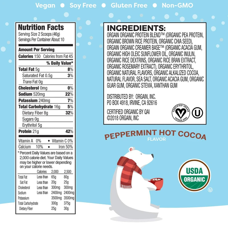 Orgain Organic Vegan Protein Powder, Peppermint Hot Cocoa Seasonal Holiday Flavor - 21g of Plant Based Protein, Non Dairy, Gluten Free, 2g of Fiber, No Sugar Added, Soy Free, Non-GMO, 1.02 Lb