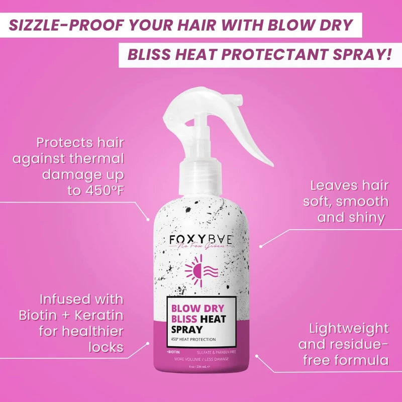 FoxyBae Heat Protectant Hair Spray – Blow Dry Bliss Thermal Heat Protector Hair Styling Products Moisturizing Spray + Biotin for Hair Growth, Anti Frizz Hairspray for Damage, Breakage, Split Ends 8 Oz