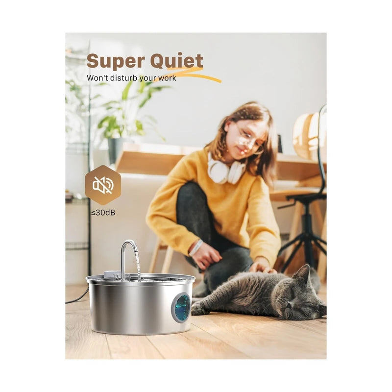 FOFNON Cat Water Fountain Stainless Steel - Dog Automatic Waterer Bowl - Auto Pet Di...